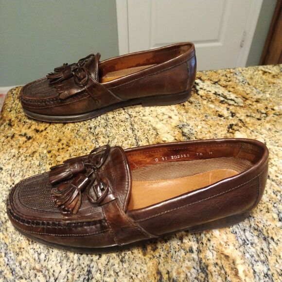 Johnston & Murphy Mens 7.5 M Brown Italian Leather Tassle Weave Loafers Shoes - Picture 1 of 12